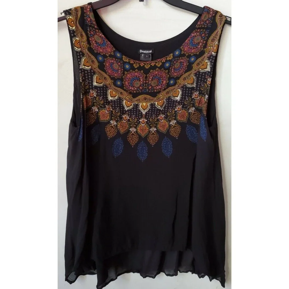 Desigual Womens Sleeveless viscose vented Tunic Top L Black & Gold Print